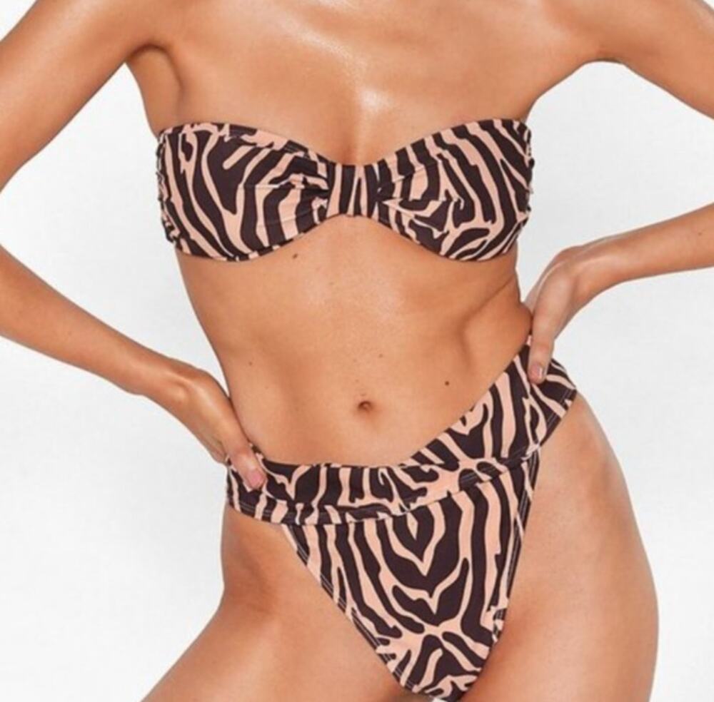 Nasty Gal Animal Print High-Waisted High Leg Bikini Set Brown Tan Size 2 XS NWOT